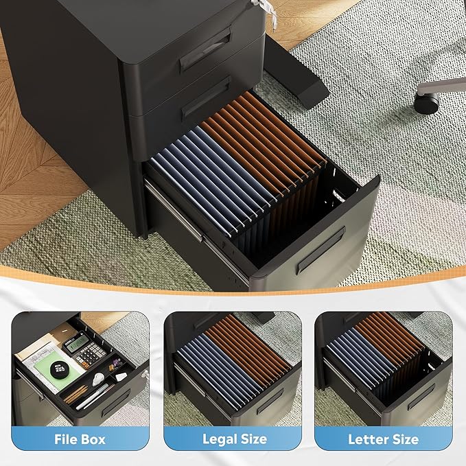 DEVAISE 3-Drawer File Cabinet, Black Locking Filing Cabinet on Wheels, Fully Assembled Mobile File Cabinet for Office Home, 17.7" D x 11.8" W x 22.8" H