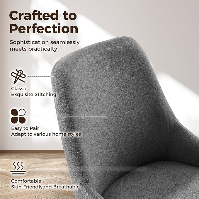 Art Leon Mid Century Modern Desk Chair No Wheels, Swivel Upholstered Armchair with Solid Wood Legs for Home Office, Fabric, Gray