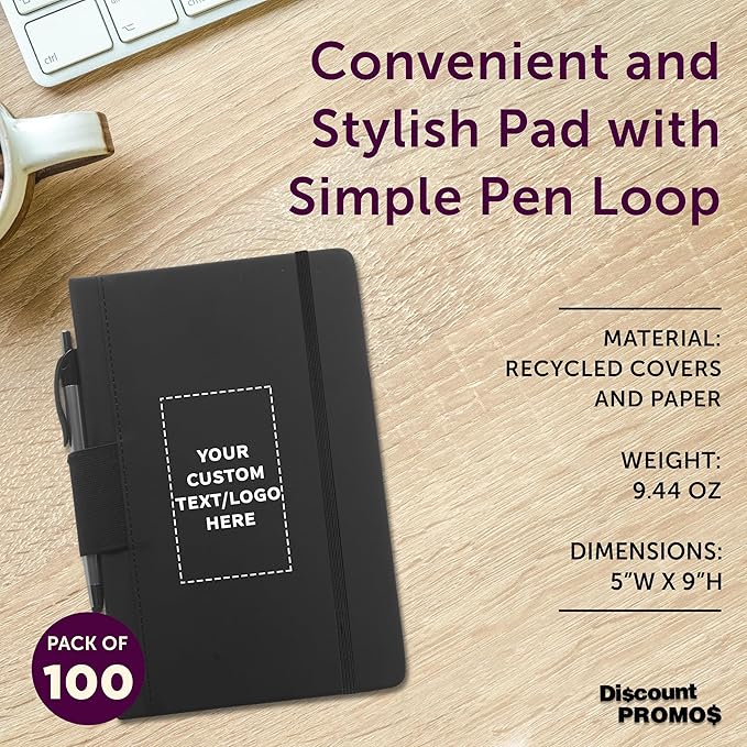 DISCOUNT PROMOS 100 Executive Notebooks with Pen Pack - Customizable Text, Logo - 6 x 8.5 inches, Recycled, Pen Loop, Closure Strap - Black