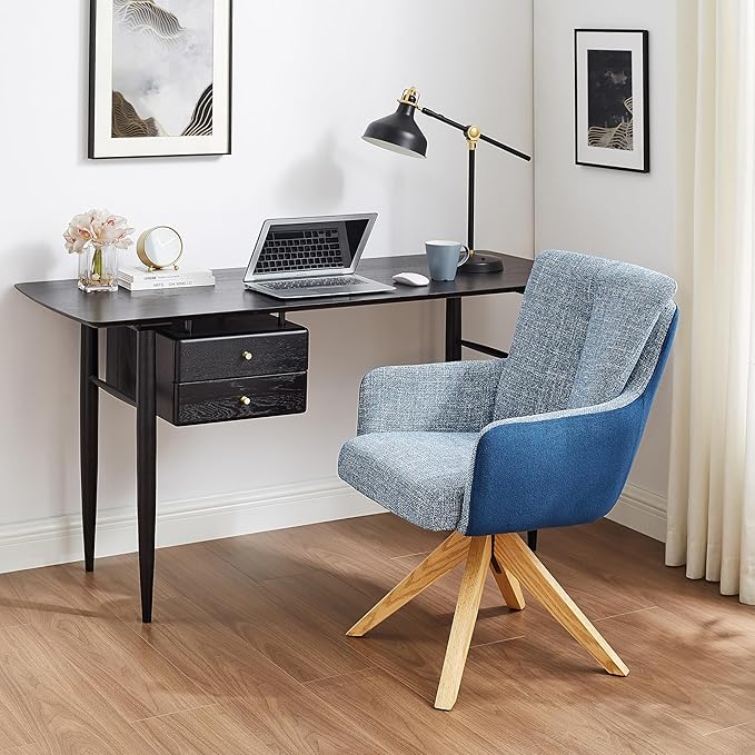 Art Leon Mid Century Desk Chair - Office Chair No Wheels, Modern Swivel Accent Chair, Fabric Upholstered Armchair with Oak Wood Legs for Living Room Home Office, Blue