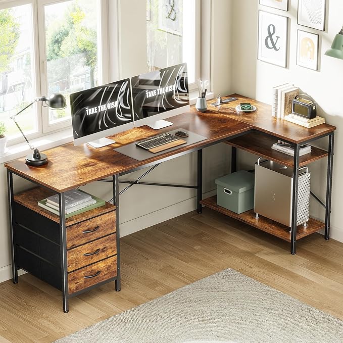 Huuger L Shaped Desk with Power Outlets, 63 Inch Reversible Computer Desk with 3 Drawers and Shelves, Home Office Table for Corner Work Study Writing Gaming, Rustic Brown