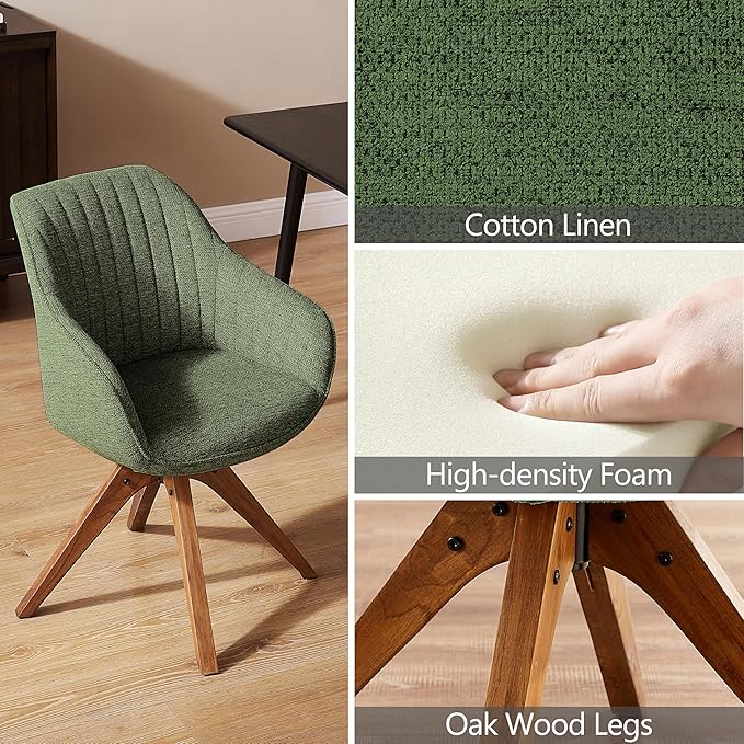 Zouron Mid Century Modern Accent Chair with Wooden Legs, Swivel Desk Chair No Wheels, Upholstered Side Armchair Vanity Chair for Small Space Home Office Living Room Bedroom, Green