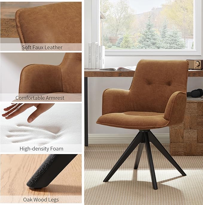 Art Leon Mid Century Desk Chair - Faux Leather Upholstered Office Chair No Wheels, Swivel Accent Chair with Black Oak Wood Legs for Small Space Living Room Bedroom, Set of 2, Brown