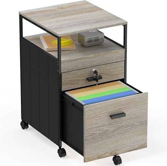 SHW Box File Rolling Mobile Cabinet with Open Shelf and Lockable Drawer, Maple
