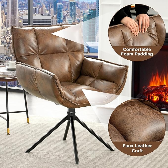 Desk Chair No Wheels, 360° Swivel Mid Century Modern Desk Chairs, Upholstered Faux Leather Swivel Accent Chair with Arms, Criss Cross Office Chair Without Wheels(Dark Brown, x1)