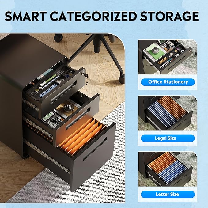 DEVAISE 3-Drawer File Cabinet, Thickened Metal Mobile Filing Cabinet with Lock, Under Desk Cabinet for Home Office, fits A4/Letter/Legal Size, Fully Assembled, 20" D x 15.8" W x 25" H, Black