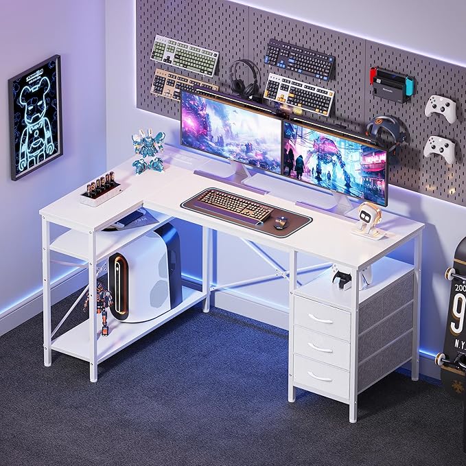 Huuger L Shaped Office Desk with Power Outlets, 47 Inch Computer Desk with 3 Drawers, Shelves, for Gaming, Corner Work, Home Office, Study, White