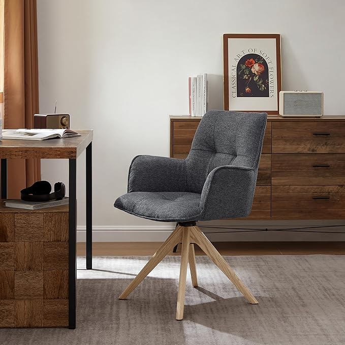 Art Leon Swivel Chair - Mid Century Modern Desk Chair Without Wheels, Fabric Upholstered Accent Chair with Oak Wood Legs for Small Space Living Room Bedroom, Dark Gray