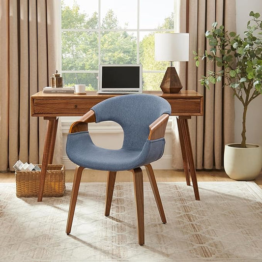 Art Leon Mid Century Desk Chair - Modern Desk Chair No Wheels, Fabric Upholstered Wooden Office with Wood Legs for Living Room Bedroom, Black Oak Bentwood, Blue