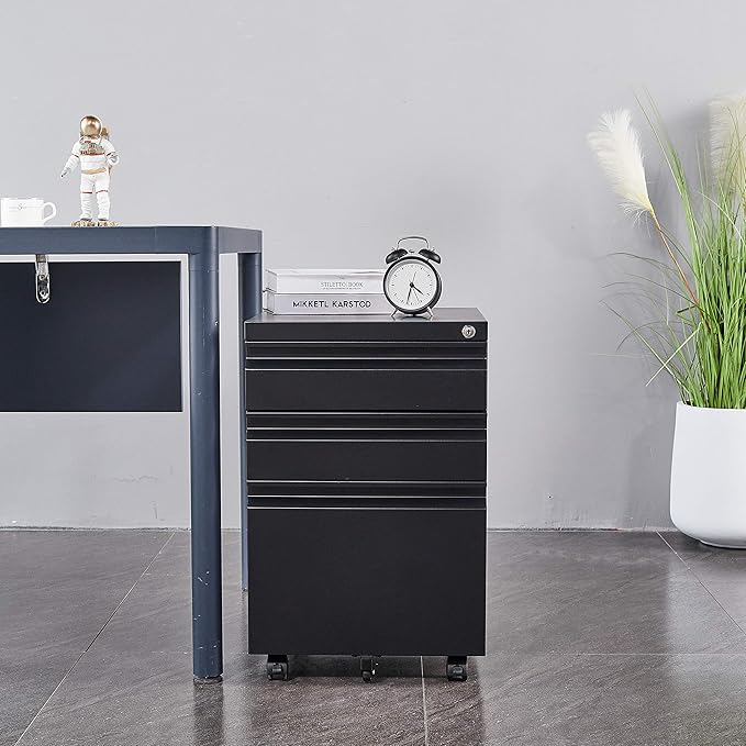 SUXXAN 3 Drawers Metal Filing Cabinet with Wheels, Steel Rolling Mobile File Cabinets Under Desk for Home Office, Wheels Need to Assemble, Black