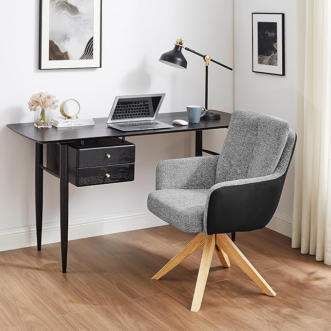 Art Leon Office Chair No Wheels - Mid Century Modern Desk Chair, Fabric Upholstered Desk Chair Swivel Accent Chair with Oak Wood Legs for Living Room Home Office, Gray Black