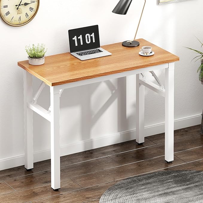 sogesfurniture Small Computer Desk 31.5 inches Folding Table No Assembly Sturdy Writing Desk Folding Desk for Small Spaces, Teak Color Desktop and Black Steel Frame, Teak & White
