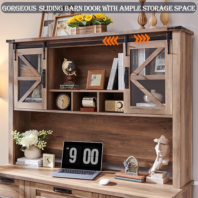 RedLemon 60" Farmhouse L Shaped Desk with Hutch, Wood Home Office Executive Desk with Drawer, Charging Station, File Drawer, Storage Cabinet, Rustic Writing Computer Desk (Rustic Natural Oak)