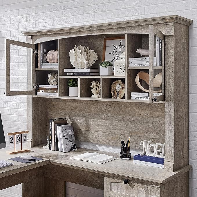 OKD 60" L Shaped Executive Desk with Hutch and Drawers, Farmhouse Home Office Desk with Charging Station, File Cabinet Storage, Wood Corner Computer Desk for Work and Study, Light Rustic Oak