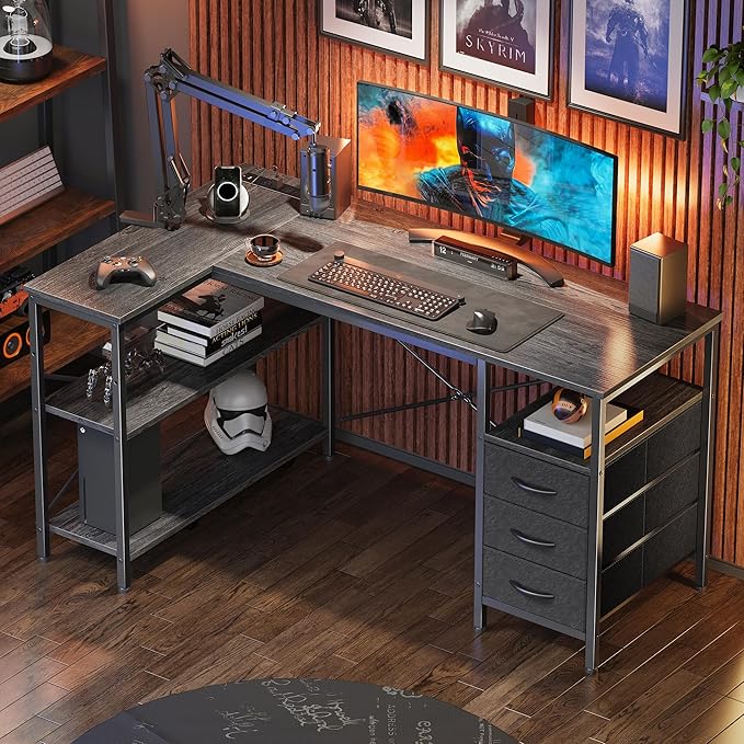 Huuger L Shaped Office Desk with Power Outlets, 47 Inch Computer Desk with 3 Drawers, Shelves, for Gaming, Corner Work, Home Office, Study, Grey
