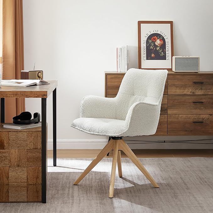 Art Leon Desk Chair No Wheels - Mid Century Modern Swivel Accent Chair, Boucle Fabric Upholstered Office Chair with Oak Wood Legs for Small Space Living Room Bedroom, Off White