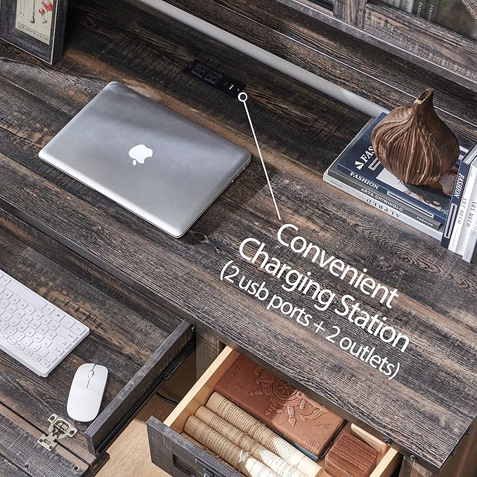 RedLemon 60" Farmhouse L Shaped Desk with Hutch, Wood Home Office Executive Desk with Drawer, Charging Station, File Drawer, Storage Cabinet, Rustic Writing Computer Desk (Dark Rustic Oak)