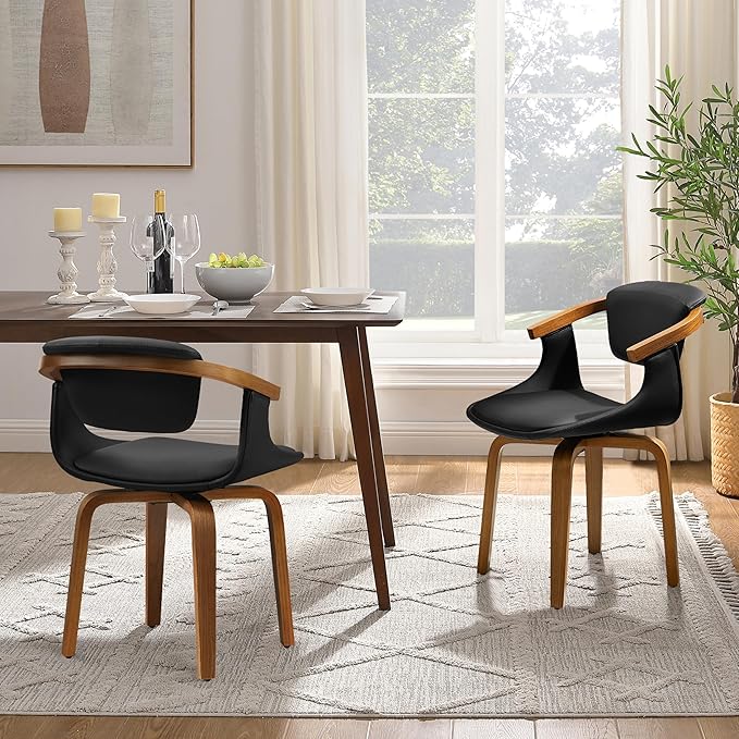 Art Leon Dining Chairs Set of 2 - Mid Century Modern Retro Faux Leather Chair, Small Comfy Upholstered Swivel Desk Chairs No Wheels, Black