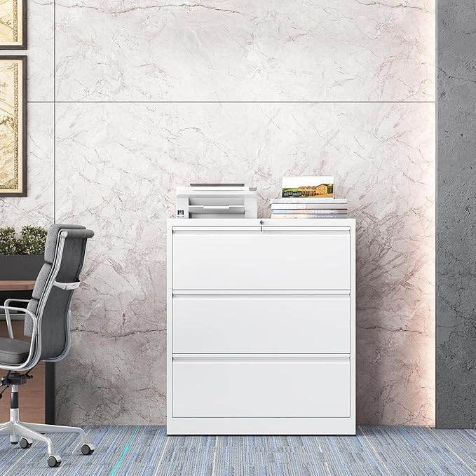 3 Drawer Lateral File Cabinet with Lock, Metal File Cabinet, Lateral File Cabinets for Home Office, Heavy Duty File Storage Cabinet for Legal/Letter/A4 Document, Assembly Required, White