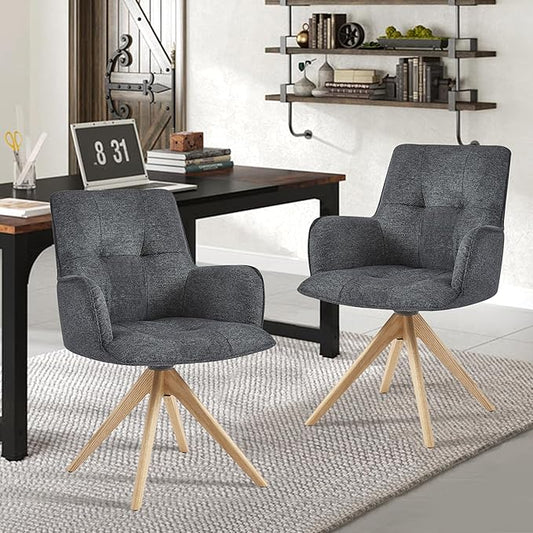 Art Leon Swivel Office Chair - Mid Century Modern Desk Chair No Wheels, Fabric Upholstered Accent Chair with Oak Wood Legs for Small Space Living Room Bedroom, Set of 2, Dark Gray