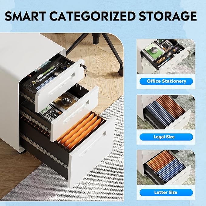 DEVAISE 3-Drawer Metal File Cabinet with Lock, Mobile Filing Cabinet Under Desk for Home Office, Fully Assembled Printer Stand fits Letter/Legal Size, 20" D x 15.8" W x 25" H, White