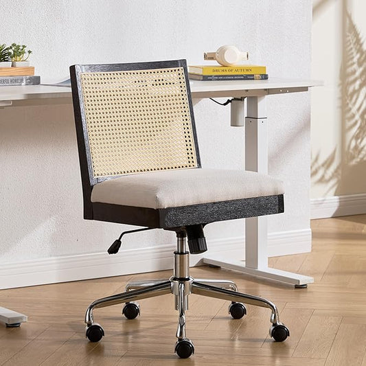 Rattan Desk Chair Linen Fabric Upholstered Computer Office Chair, 360° Swivel Work Chair with Wheels Comfortable Armless Chair for Home Office Study Studio, Beige
