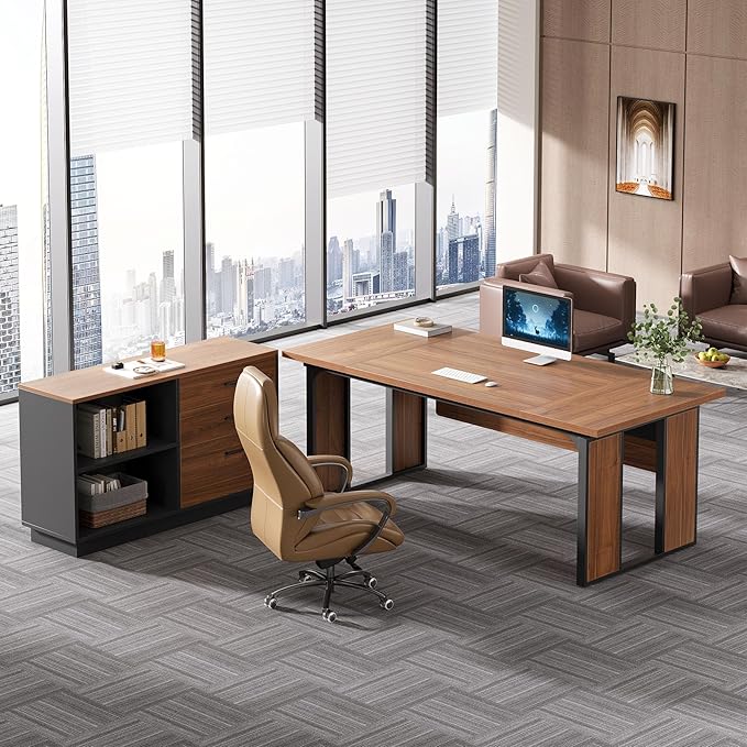 Tribesigns 63‘’ L-Shaped Executive Desk, Office Table with 39.37-Inch Drawers Cabinet, Large Computer Desk with Storage Shelves, Business Furniture Set for Home Office, Brown & Black