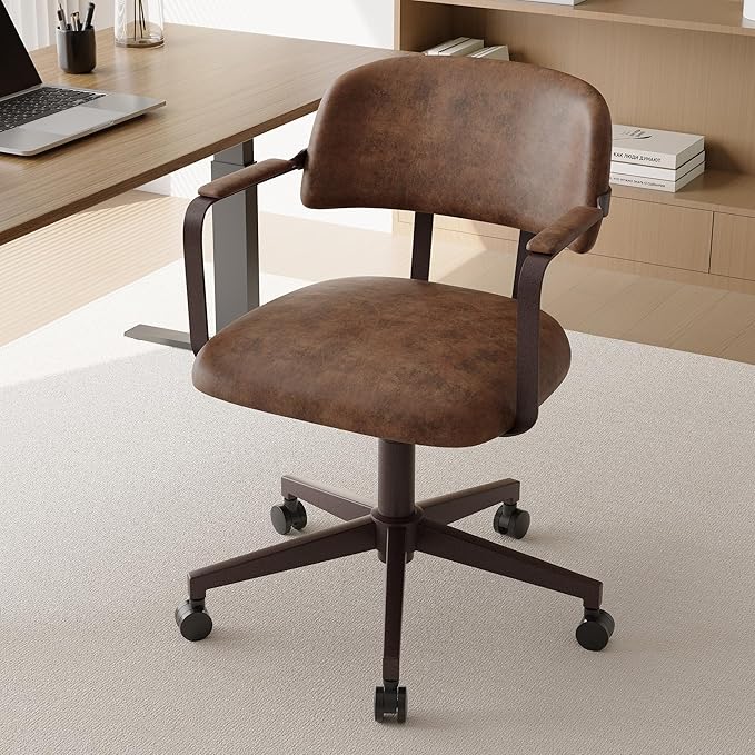BFZ Mid Century Retro Home Office Desk Chair with Back, Faux Leather Adjustable Height Rolling Swivel Computer Task Armrests Chair for Home Office, Brown