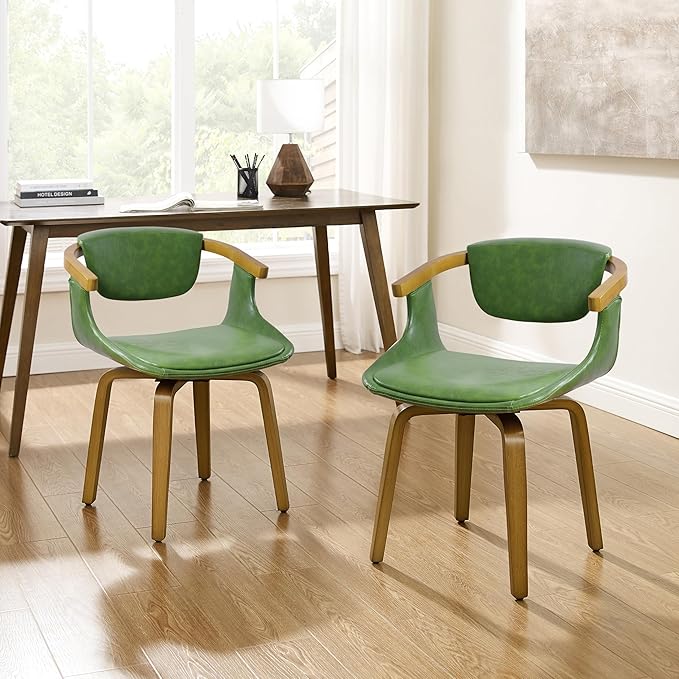 Art Leon Office Chair No Wheels - Mid Century Modern Swivel Desk Chair, Faux Leather Upholstered Accent Chair for Living Room Bedroom Study, Green