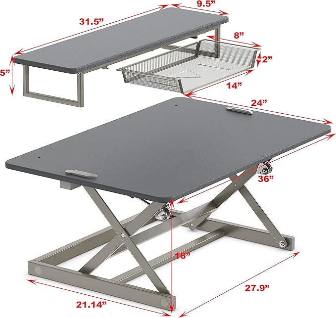 SHW 36-Inch Height Adjustable Standing Desk Converter Sit to Stand Riser Workstation, Gray