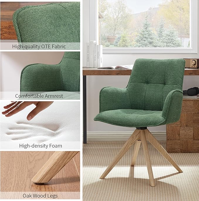 Art Leon Office Chair No Wheels - Mid Century Modern Swivel Desk Chair, Faux Leather Upholstered Accent Chair with Oak Wood Legs for Small Space Living Room Bedroom, Green