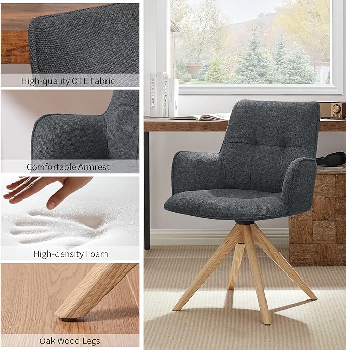 Art Leon Swivel Chair - Mid Century Modern Desk Chair Without Wheels, Fabric Upholstered Accent Chair with Oak Wood Legs for Small Space Living Room Bedroom, Dark Gray