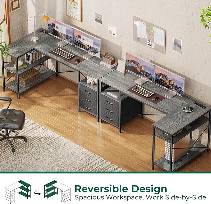 Huuger L Shaped Office Desk with Power Outlets, 55 Inch Computer Desk with 3 Drawers, Shelves, Reverisble for Gaming Corner Work Home Office Study, Grey