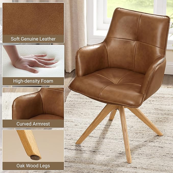 Art Leon Desk Chair No Wheels - Mid Century Modern Swivel Accent Chair, Genuine Leather Upholstered Office Chair with Oak Wood Legs for Small Space Living Room Bedroom, Brown