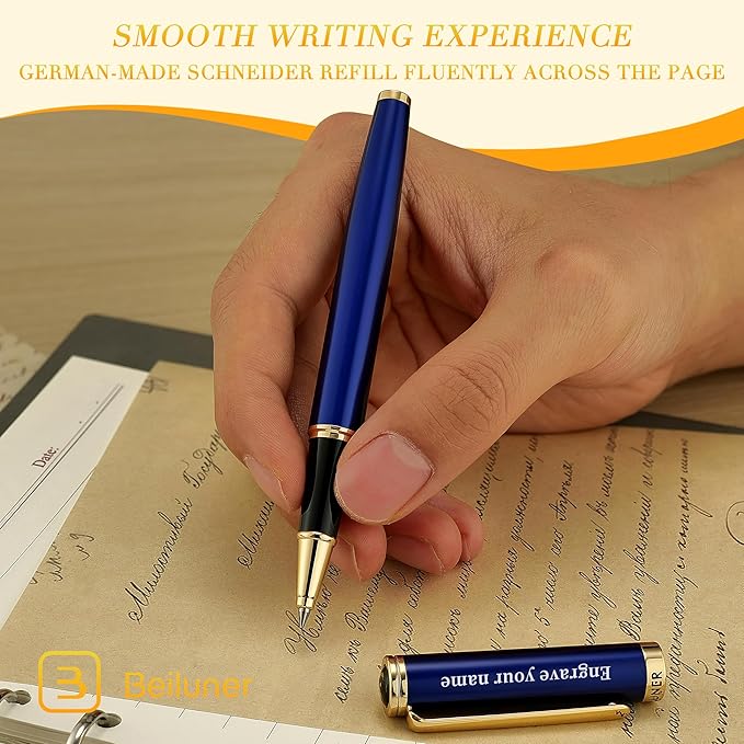 BEILUNER Blue Personalized Pen,Stunning Luxury Lacquer With 24K Gold,Schneider Ink Refills,Multiple Fonts To Custom Rollerball,Gift Pen For Men & Women,Executive,Graduation,Christmas,Nice Fancy Pens