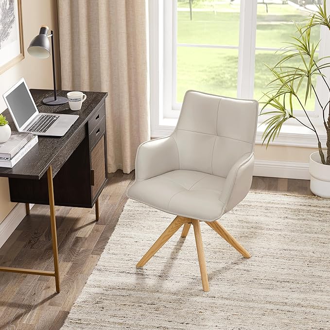 Art Leon Mid Century Modern Swivel Accent Chair - Home Office Desk Chair No Wheels, Genuine Leather Upholstered Armchair with Oak Wood Legs for Small Space Living Room Bedroom, Off White