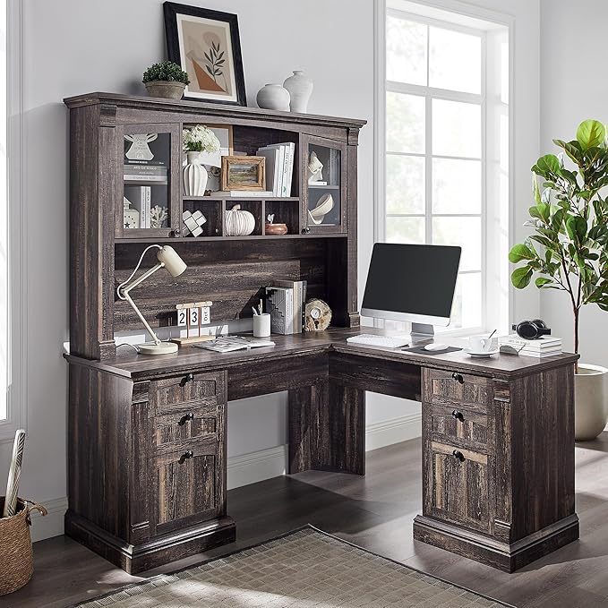 OKD Farmhouse Hutch for 60" Executive Desk, Office Desk Storage Cabinet with Glass Doors and Shelves, Top Hutch Organizer for Home Office - Dark Rustic Oak