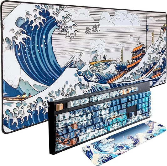 GUNMJO Ocean Wave PBT Dye-Sublimation Keycaps+Acrylic Wrist Rest+Gaming Mousepad Bundle