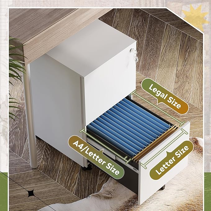 DEVAISE 2-Drawer Rolling File Cabinet with Lock, Metal Filing Cabinet for Home Office, Fully Assembled Under Desk, White, 17" D x 15" W x 27" H