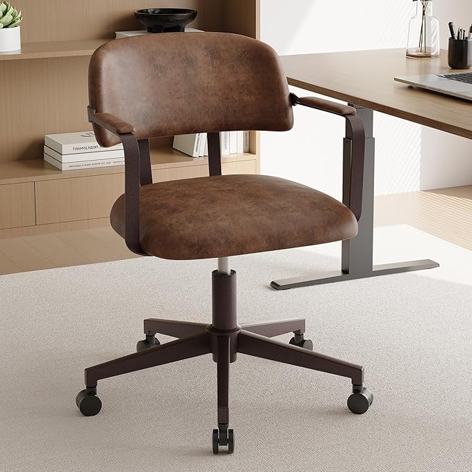 BFZ Mid Century Retro Home Office Desk Chair with Back, Faux Leather Adjustable Height Rolling Swivel Computer Task Armrests Chair for Home Office, Brown