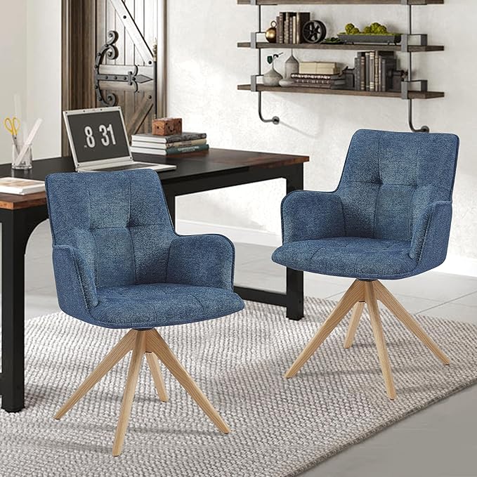 Art Leon Office Chairs Set of 2 - Mid Century Modern Desk Chair No Wheels, Fabric Upholstered Swivel Accent Chair with Oak Wood Legs, Blue