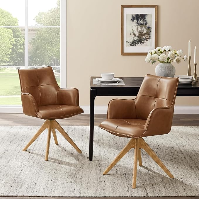 Art Leon Desk Chair No Wheels - Mid Century Modern Swivel Accent Chair, Genuine Leather Upholstered Office Chair with Oak Wood Legs for Small Space Living Room Bedroom, Brown
