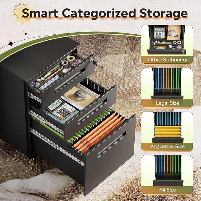 DEVAISE 3-Drawer Metal File Cabinet with Lock, Mobile Filing Cabinet Under Desk for Home Office, Fully Assembled Printer Stand fits A4/F4/Letter/Legal Size, Black, 20" D x 15" W x 24" H