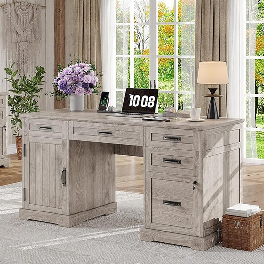 Whalefall 55'' Farmhouse Desk Home Office with Drawers, Executive Computer Desk Wooden with File Cabinet and Charging Station, White Wash Gray