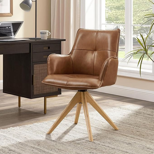 Art Leon Desk Chair No Wheels - Mid Century Modern Swivel Accent Chair, Genuine Leather Upholstered Office Chair with Oak Wood Legs for Small Space Living Room Bedroom, Brown