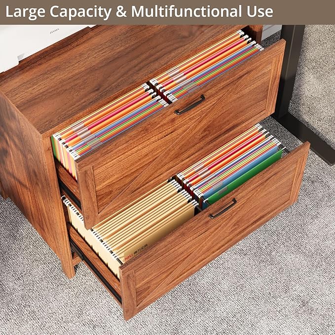 VOWNER 2 Drawer Farmhouse File Cabinet, Filing Cabinet with Printer Stand, Fit A4, Letter Size, Hanging File Folders for Home Office, Walnut