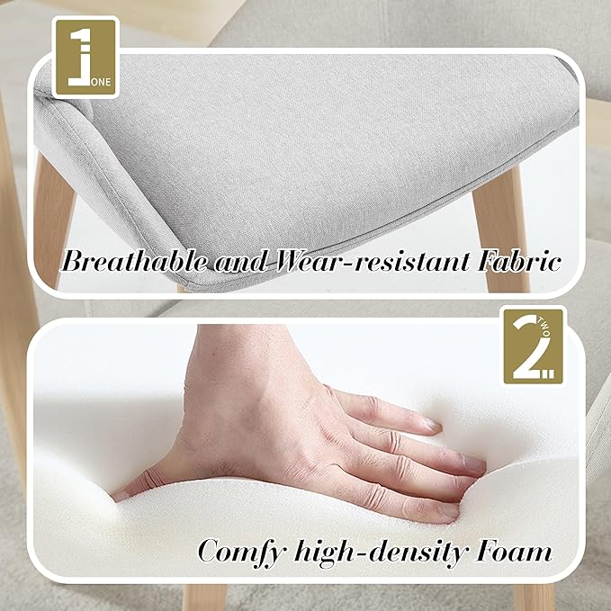 Home Office Desk Chair No Wheels, Upholstered Linen Fabric Modern Accent Side Armchair with Wood Legs Hollow-Out Back, for Vanity Living Dining Room Bedroom, 1PC & Grey