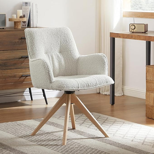 Art Leon Desk Chair No Wheels - Mid Century Modern Swivel Accent Chair, Boucle Fabric Upholstered Office Chair with Oak Wood Legs for Small Space Living Room Bedroom, Off White