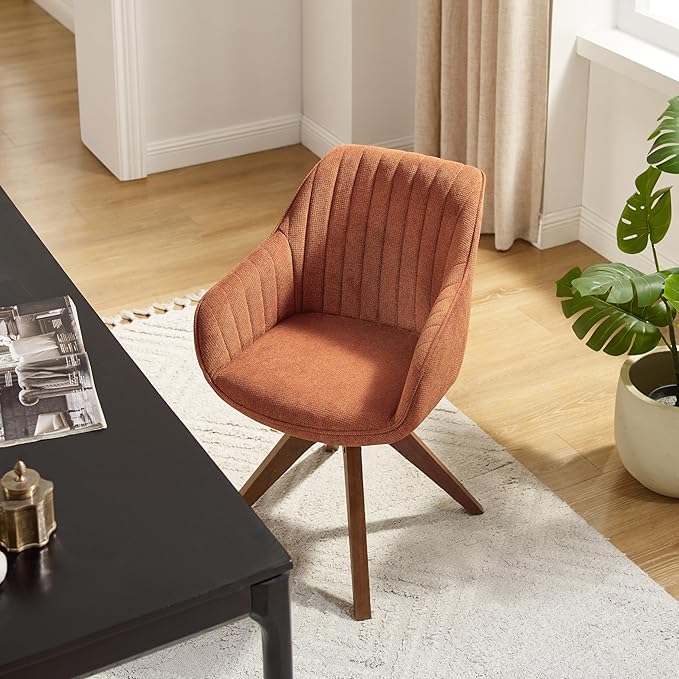 Art Leon Desk Chair No Wheels, Mid Century Modern Office Chair, Swivel Accent Chair with Oak Wood Legs, Fabric Upholstered Arm Chair, Caramel
