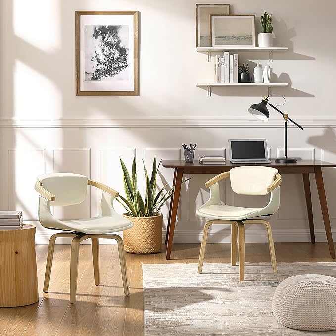 Art Leon Desk Chair No Wheels, Mid Century Modern Swivel Accent Chair, Faux Leather Home Office Desk Chair for Small Spaces Living Room Bedroom, Off White